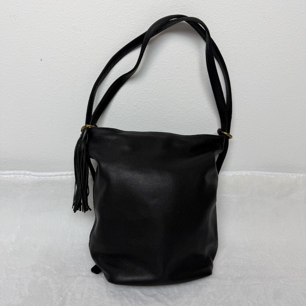 Hobo Crossbody Bag Womens Medium Black Leather Tassel Zip Pocket Gold Hardware